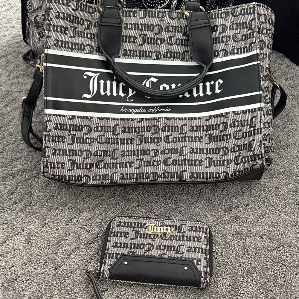 Juicy Couture Black and Gray Monogram Shoulder Bag and Wallet